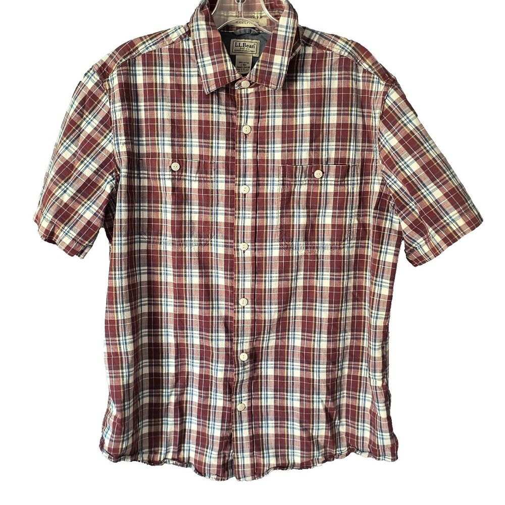 L.L.Bean Madras Shirt Mens L Red & Multicolor Plaid 100% Cotton Workwear Hiking